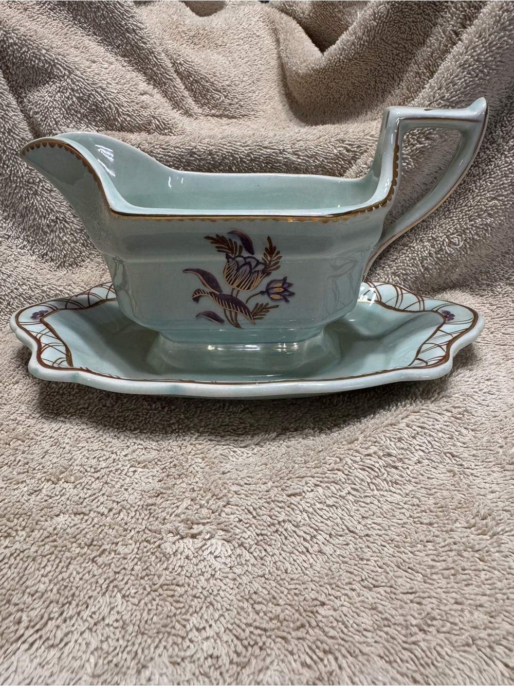 Vintage Calyx Regent Porcelain Light Green with purple flowers Gravy Boat